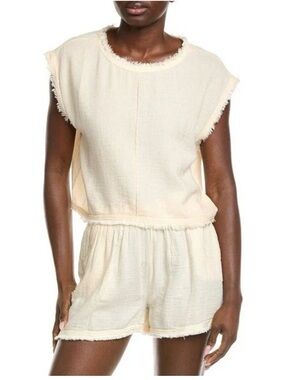Elan Bali Cotton Cream Fray Edge Open-Weave Top and Shorts